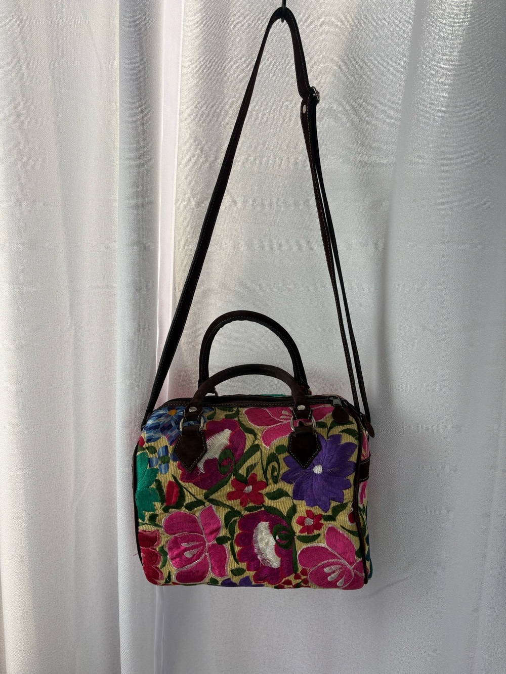 Floral Tapestry Mexican Embroidered Tapestry Bag Bright Colors BOHO EUC